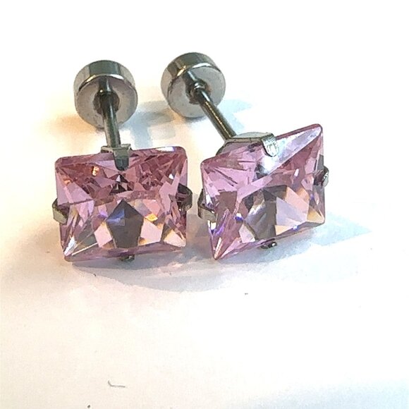 🆕 Stainless Steel 6MM Princess Cut CZ Pink Screw Back Earrings - Picture 3 of 5